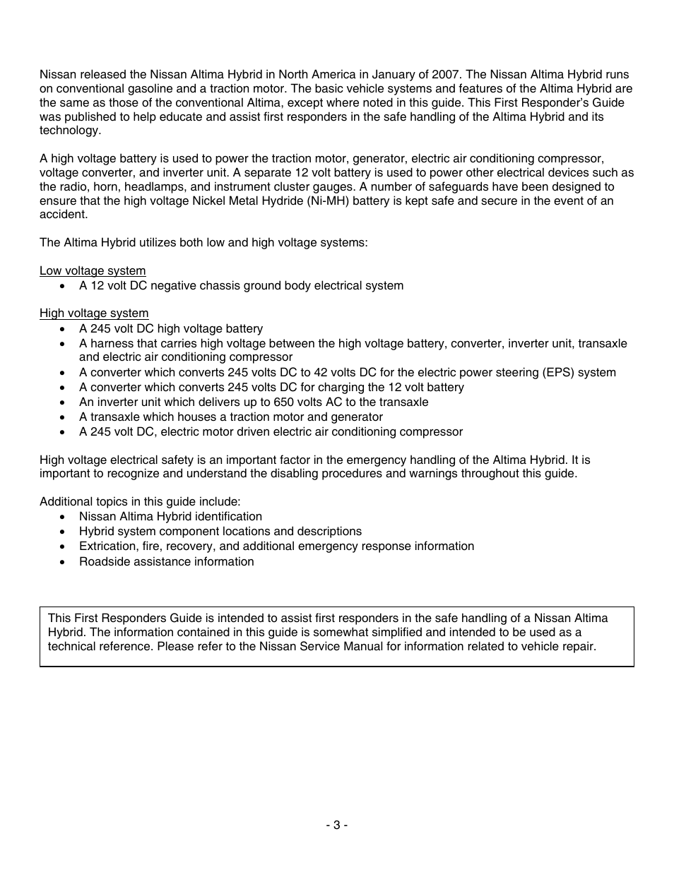 Foreword | NISSAN 2010 Altima Hybrid - First Responder's Guide User Manual | Page 3 / 27