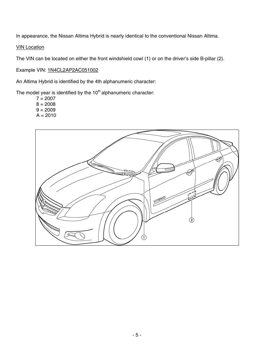 Altima hybrid identification, Vin location | NISSAN 2010 Altima Hybrid - Dismantling Guide User Manual | Page 5 / 23