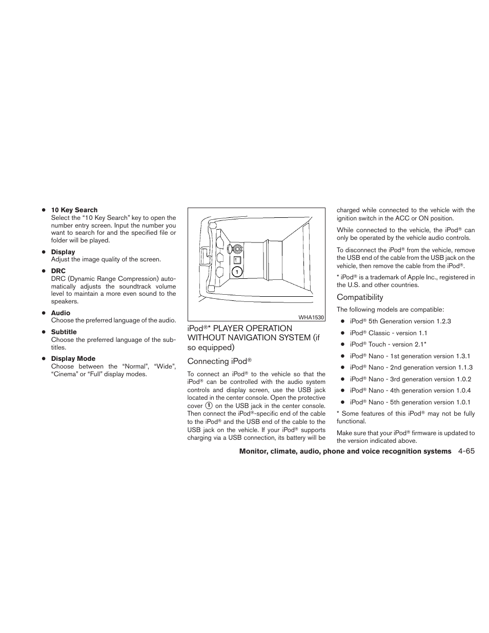 Ipod, Player operation without navigation, System (if so equipped) -65 | NISSAN 2011 Altima Hybrid - Owner's Manual User Manual | Page 226 / 422