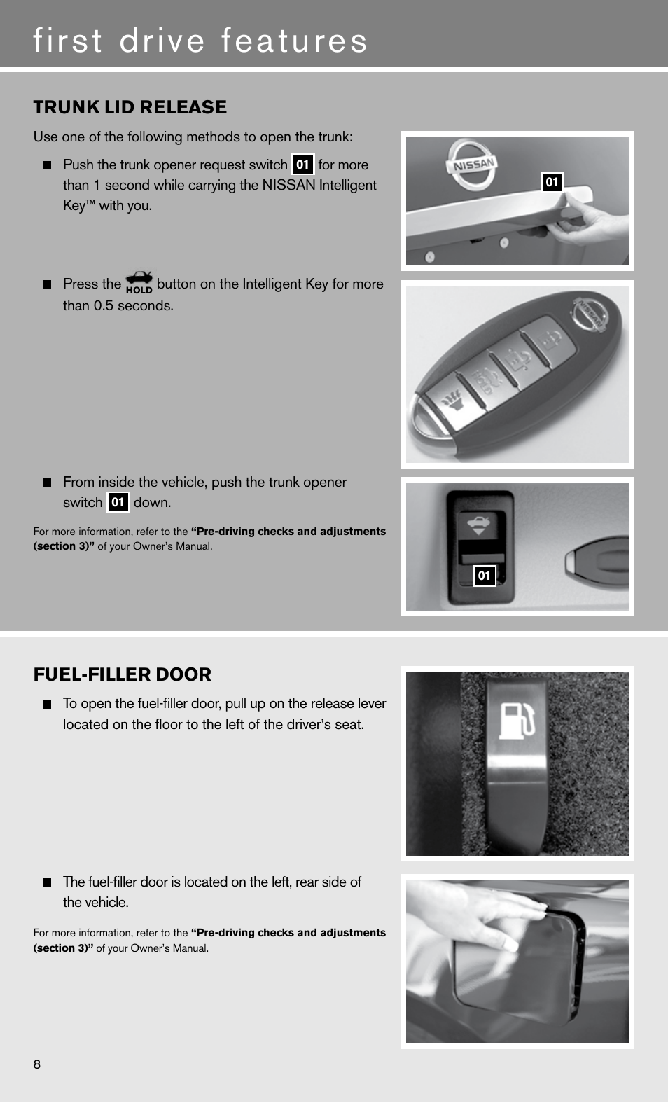 First drive features, Fuel-filler door, Trunk lid release | NISSAN 2011 Altima Hybrid - Quick Reference Guide User Manual | Page 10 / 16