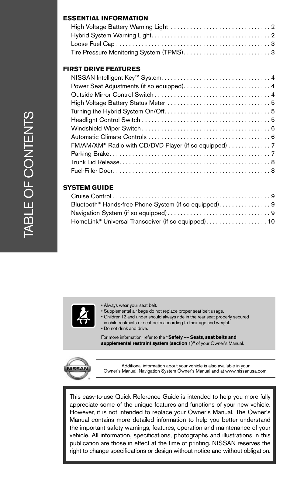 NISSAN 2011 Altima Hybrid - Quick Reference Guide User Manual | Page 3 / 16