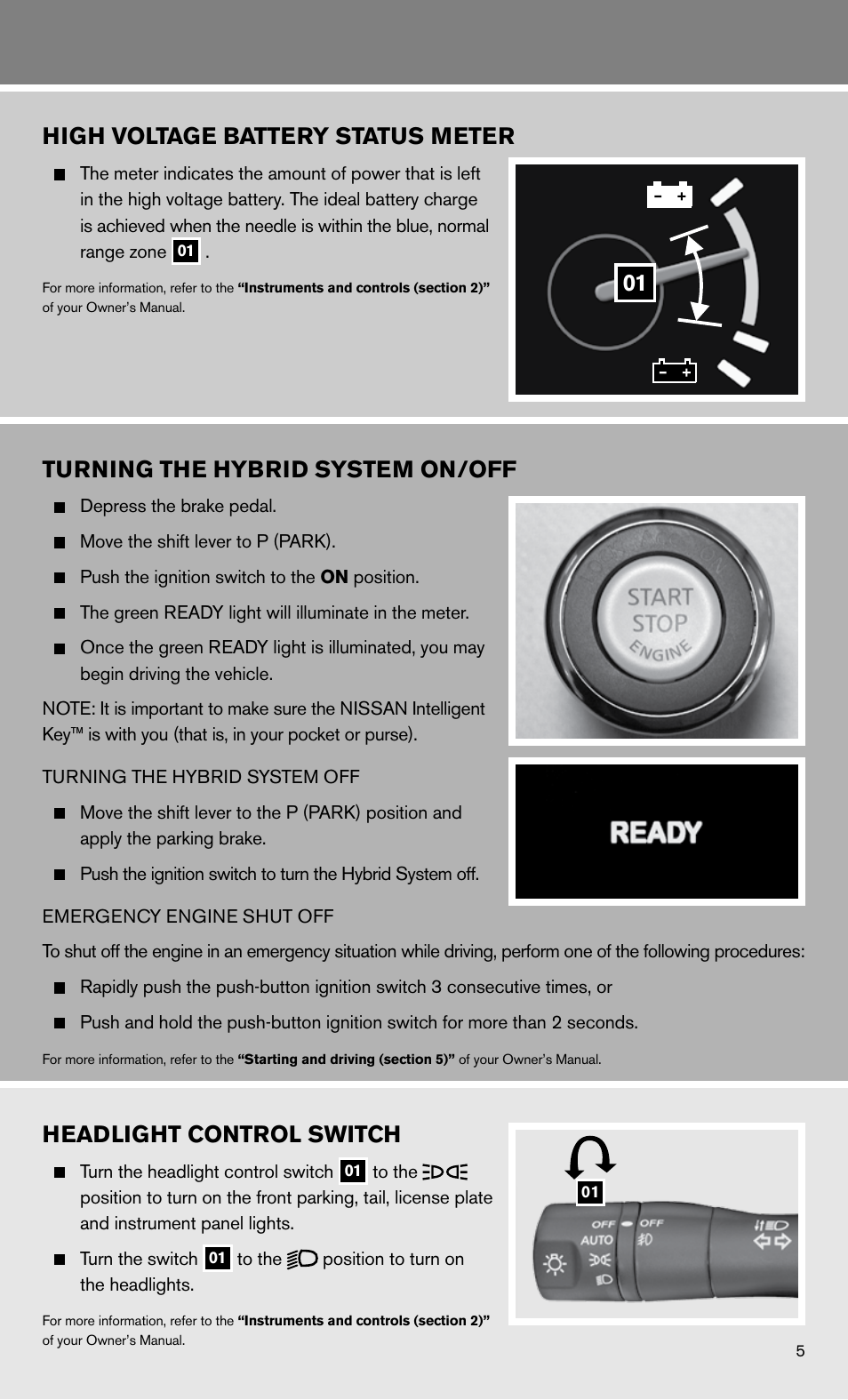 High voltage battery status meter, Turning the hybrid system on/off, Headlight control switch | NISSAN 2011 Altima Hybrid - Quick Reference Guide User Manual | Page 7 / 16
