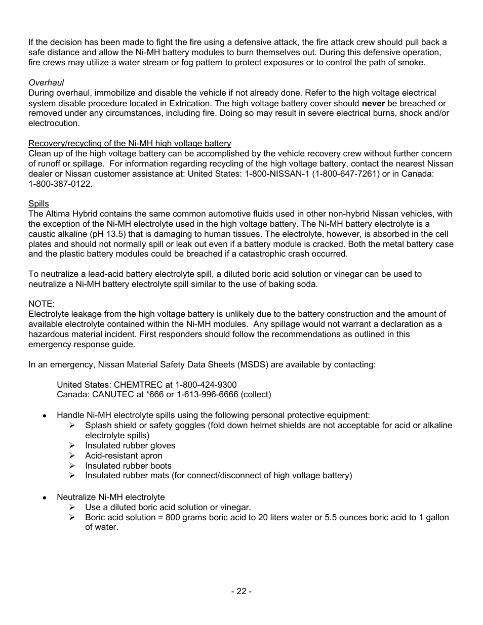 Spills | NISSAN 2011 Altima Hybrid - First Responder's Guide User Manual | Page 22 / 27