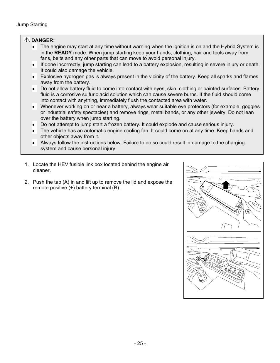 Jump starting | NISSAN 2011 Altima Hybrid - First Responder's Guide User Manual | Page 25 / 27