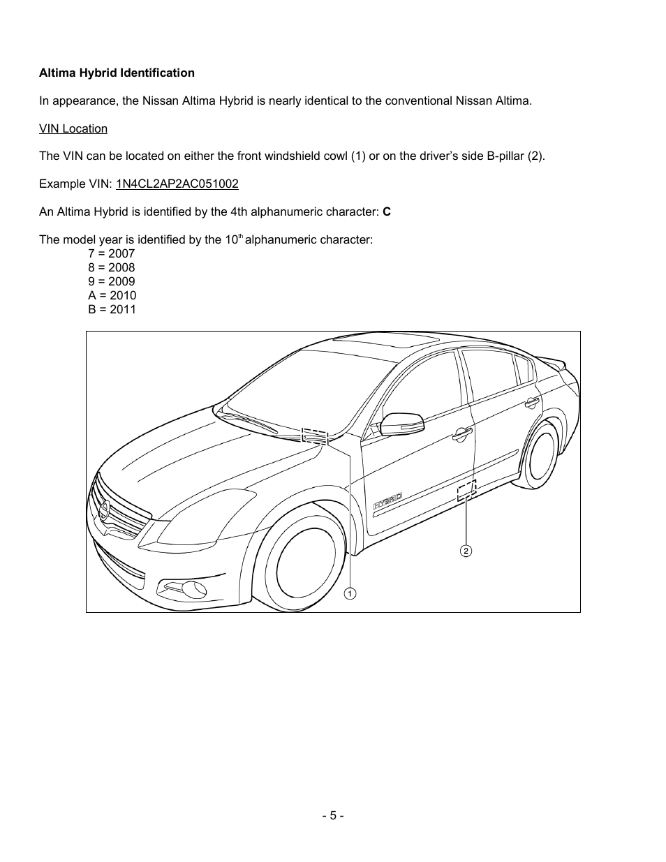 Altima hybrid identification, Vin location | NISSAN 2011 Altima Hybrid - Dismantling Guide User Manual | Page 5 / 23