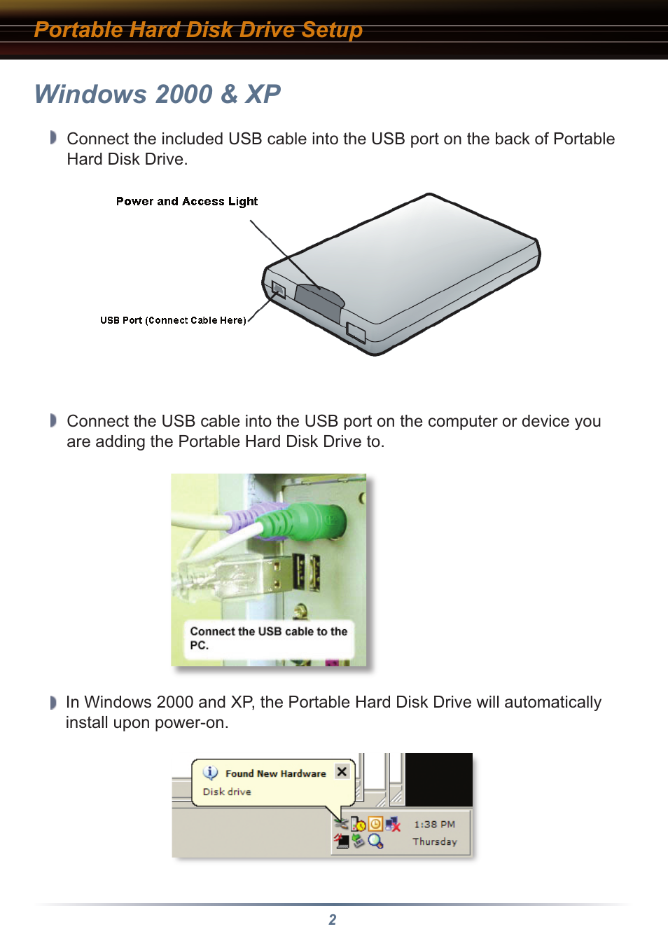 Windows 2000 & xp, Portable hard disk drive setup | Buffalo Technology HD-PHU2/BST User Manual | Page 2 / 8