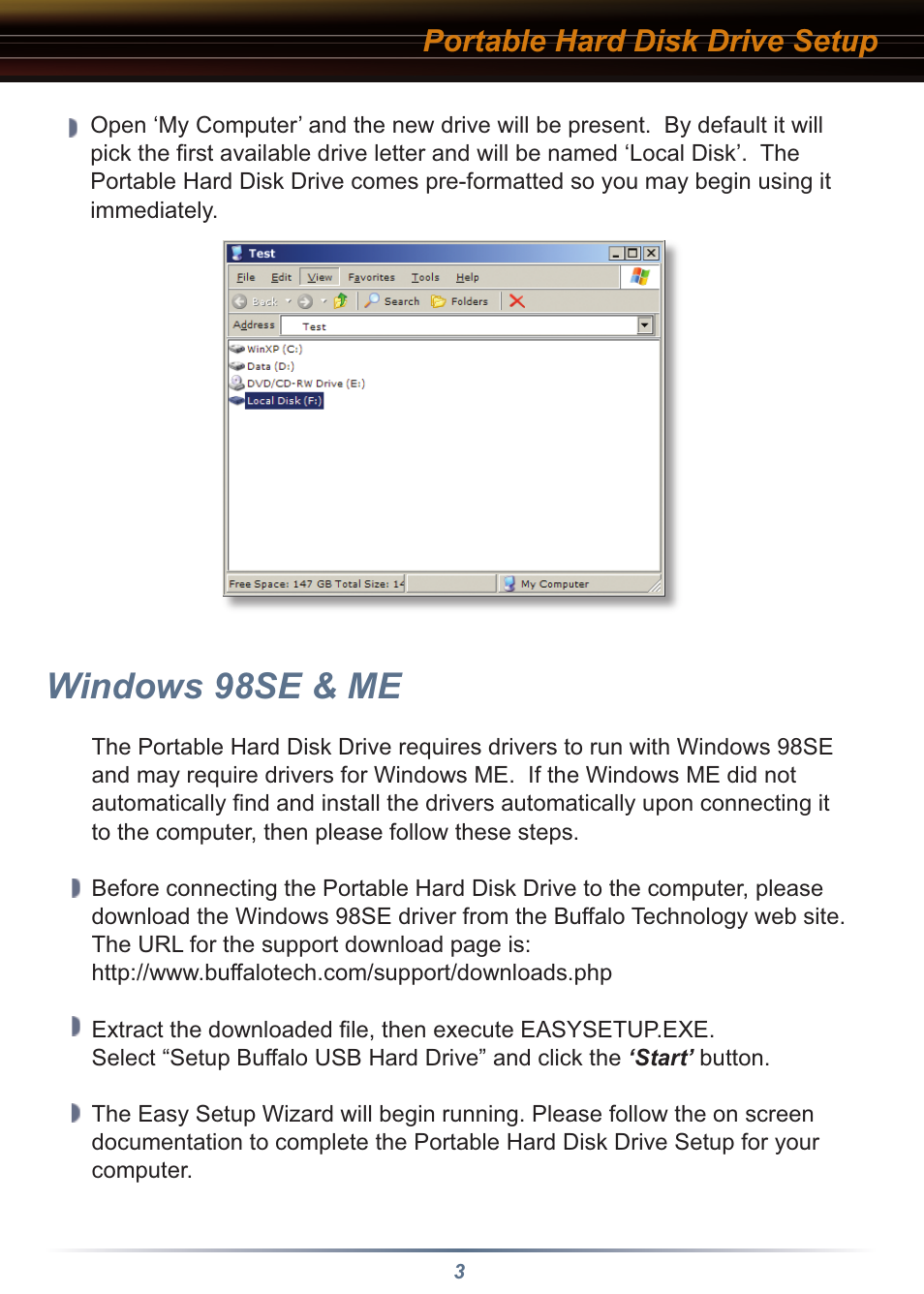 Windows 98se & me, Portable hard disk drive setup | Buffalo Technology HD-PHU2/BST User Manual | Page 3 / 8