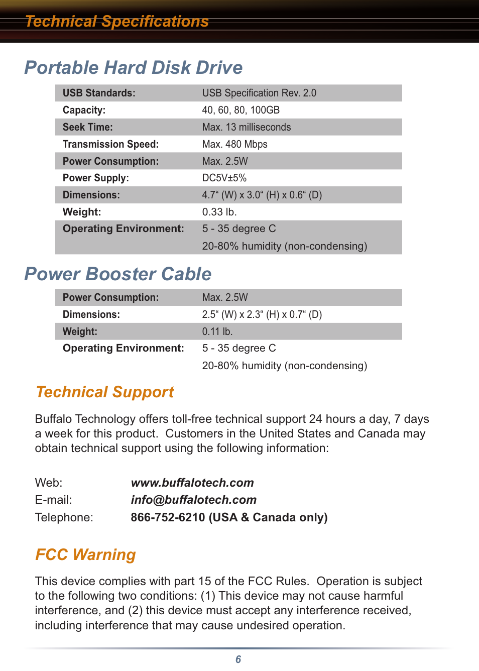 Portable hard disk drive power booster cable, Technical support, Fcc warning | Technical speciﬁ cations | Buffalo Technology HD-PHU2/BST User Manual | Page 6 / 8