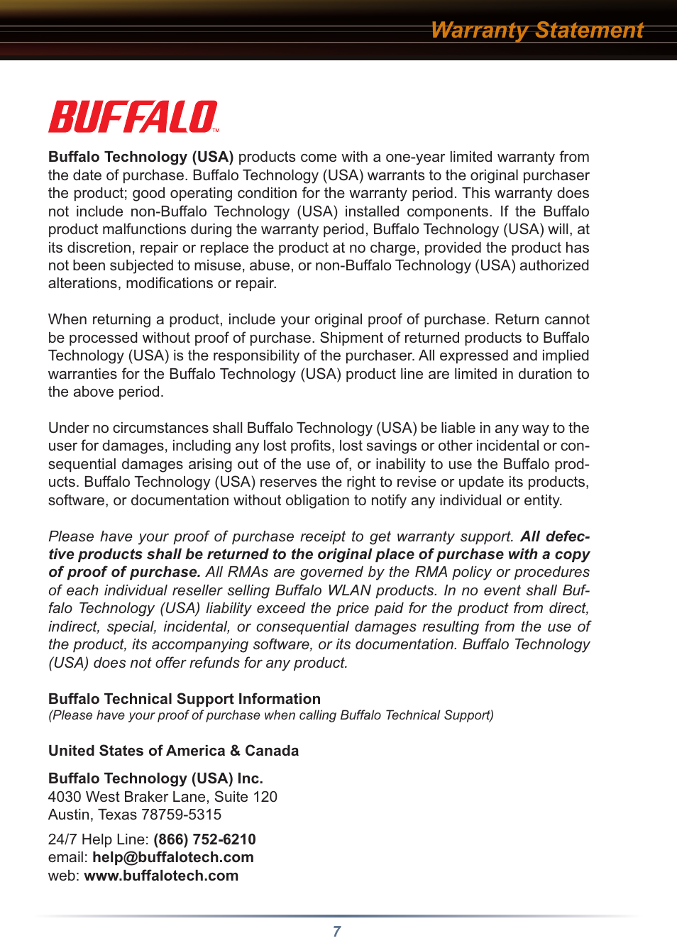 Warranty statement | Buffalo Technology HD-PHU2/BST User Manual | Page 7 / 8