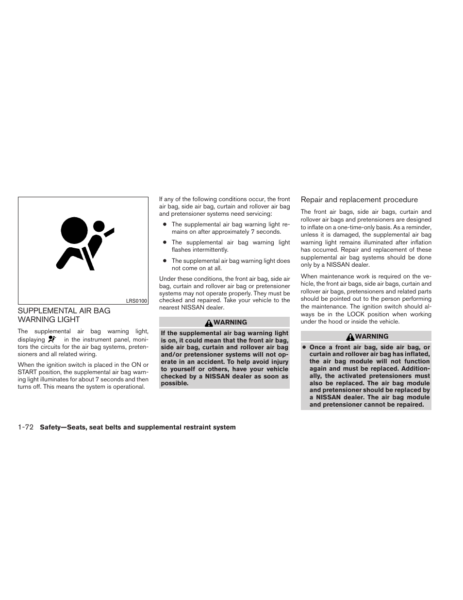 Supplemental air bag warning light -72 | NISSAN 2012 Armada - Owner's Manual User Manual | Page 91 / 489