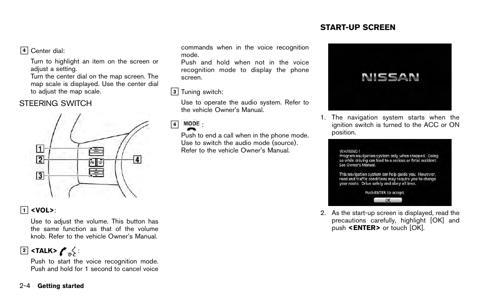 Steering switch -4, Start-up screen -4 | NISSAN 2012 Pathfinder - Navigation System Owner's Manual User Manual | Page 12 / 235