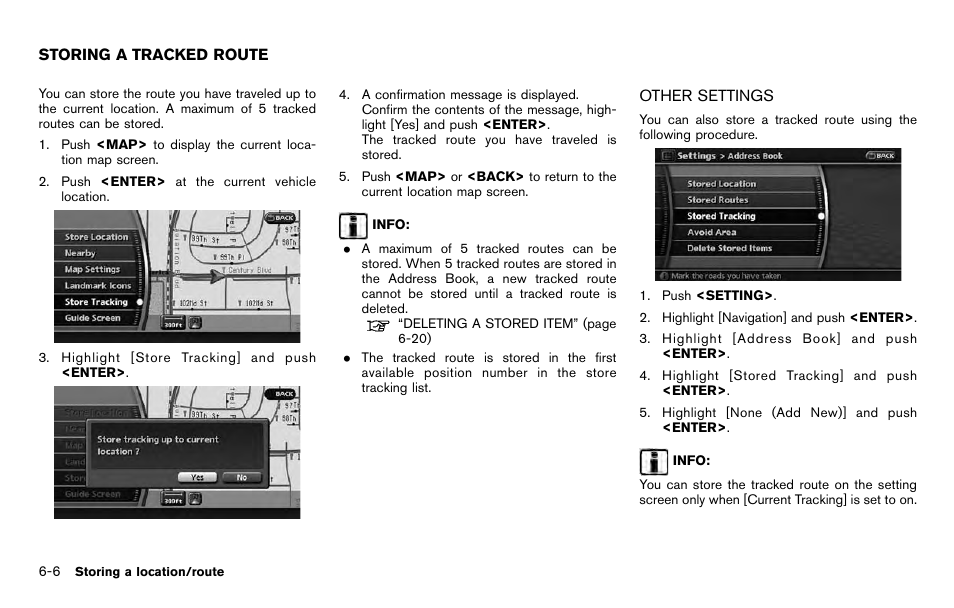 Storing a tracked route -6, Other settings -6 | NISSAN 2012 Pathfinder - Navigation System Owner's Manual User Manual | Page 124 / 235