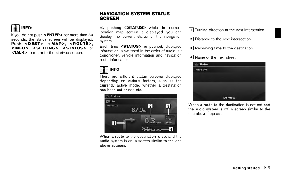 Navigation system status screen -5 | NISSAN 2012 Pathfinder - Navigation System Owner's Manual User Manual | Page 13 / 235