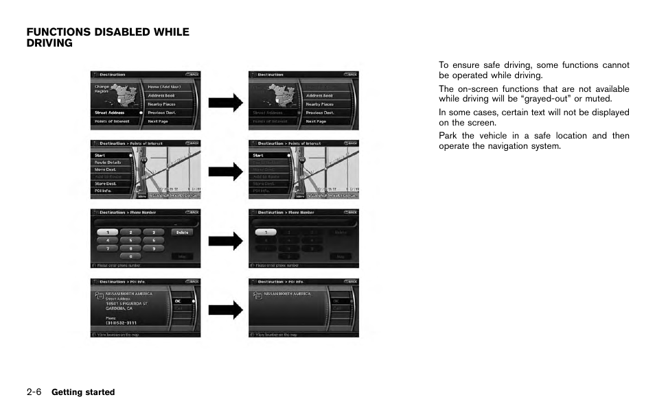 Functions disabled while driving -6 | NISSAN 2012 Pathfinder - Navigation System Owner's Manual User Manual | Page 14 / 235