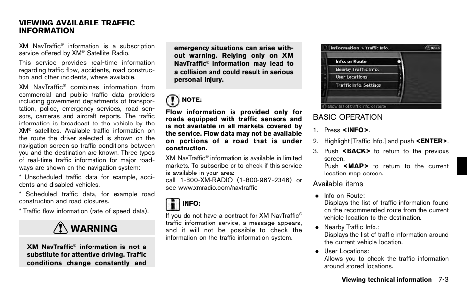 Viewing available traffic information -3, Basic operation -3, Warning | NISSAN 2012 Pathfinder - Navigation System Owner's Manual User Manual | Page 145 / 235