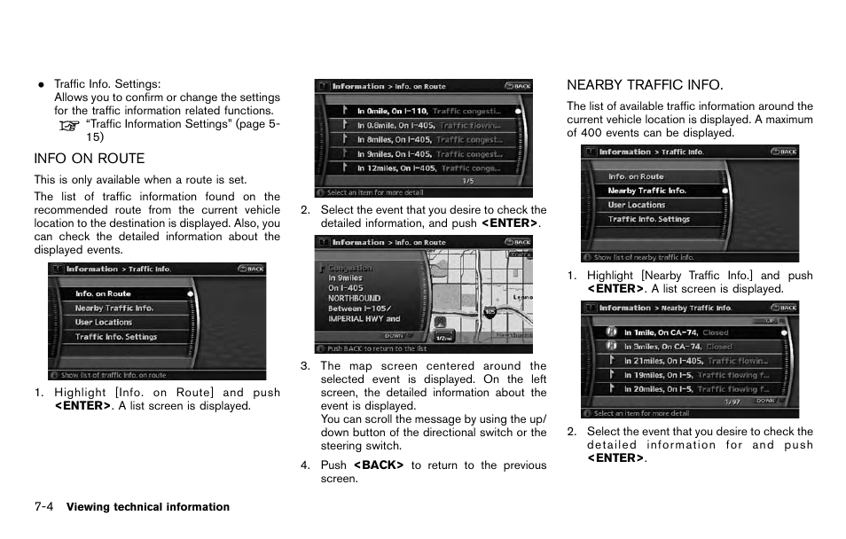 Info on route -4 nearby traffic info -4 | NISSAN 2012 Pathfinder - Navigation System Owner's Manual User Manual | Page 146 / 235