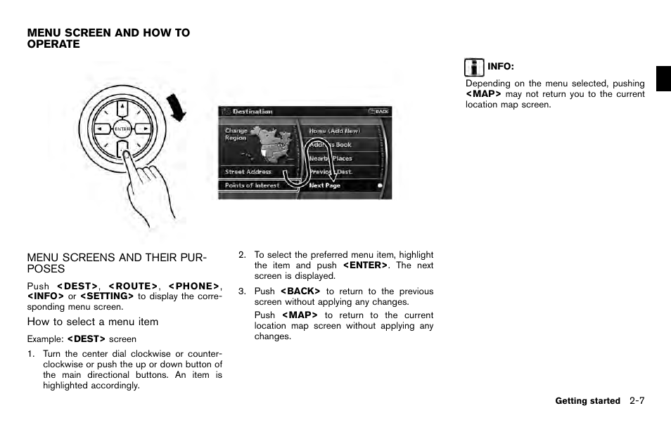 Menu screen and how to operate -7, Menu screens and their purposes -7 | NISSAN 2012 Pathfinder - Navigation System Owner's Manual User Manual | Page 15 / 235