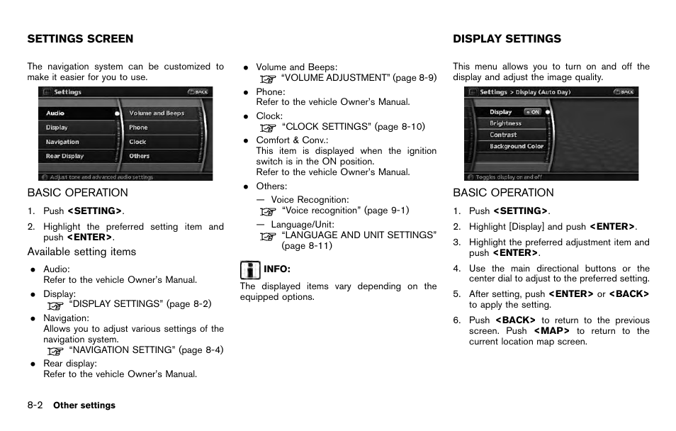 Settings screen -2, Basic operation -2, Display settings -2 | NISSAN 2012 Pathfinder - Navigation System Owner's Manual User Manual | Page 154 / 235