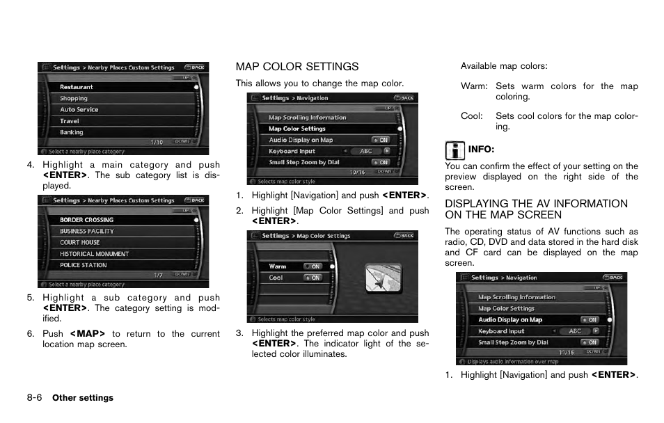 Map color settings -6, Displaying the av information on the map screen -6 | NISSAN 2012 Pathfinder - Navigation System Owner's Manual User Manual | Page 158 / 235