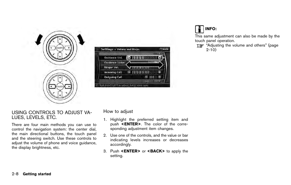 Using controls to adjust values, levels, etc -8 | NISSAN 2012 Pathfinder - Navigation System Owner's Manual User Manual | Page 16 / 235