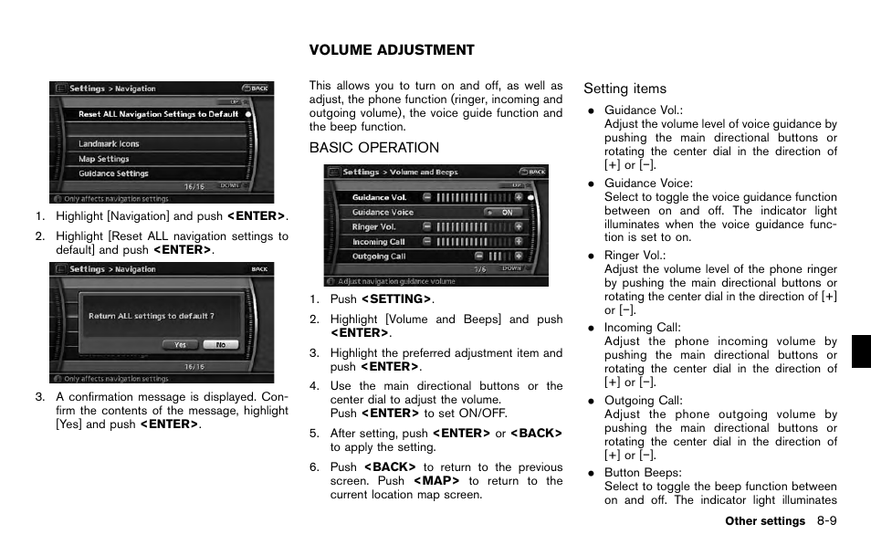 Volume adjustment -9, Basic operation -9 | NISSAN 2012 Pathfinder - Navigation System Owner's Manual User Manual | Page 161 / 235