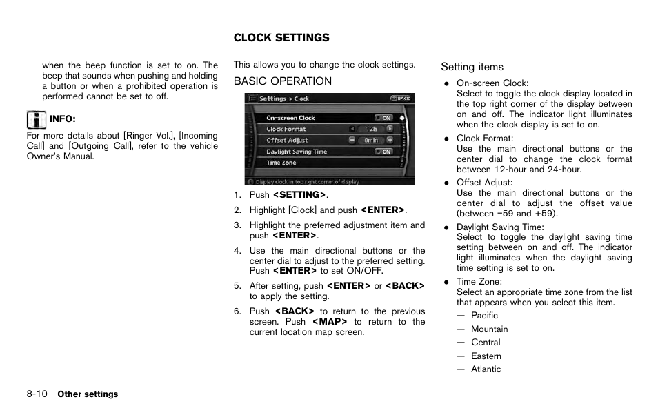 Clock settings -10, Basic operation -10 | NISSAN 2012 Pathfinder - Navigation System Owner's Manual User Manual | Page 162 / 235