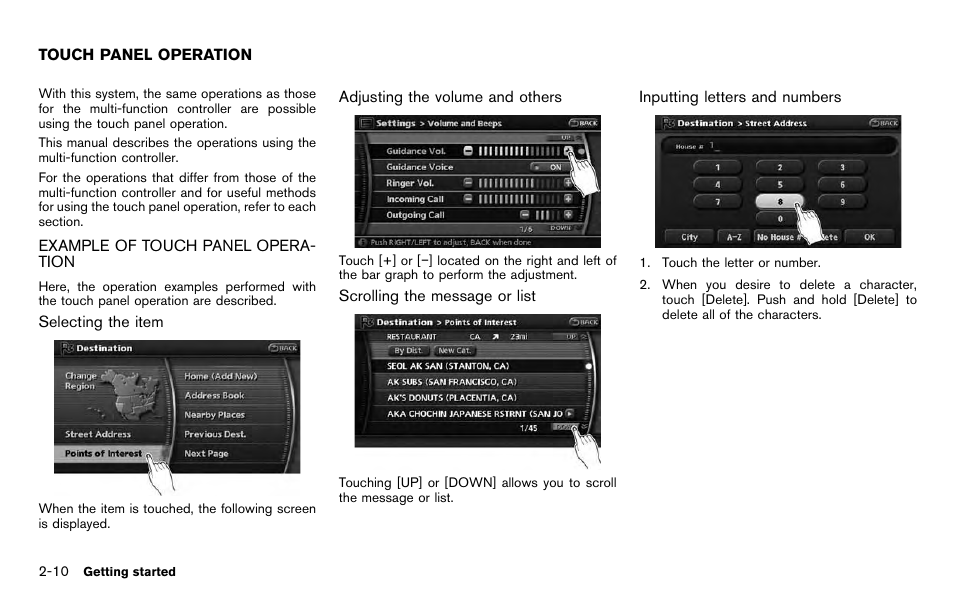 Touch panel operation -10, Example of touch panel operation -10 | NISSAN 2012 Pathfinder - Navigation System Owner's Manual User Manual | Page 18 / 235