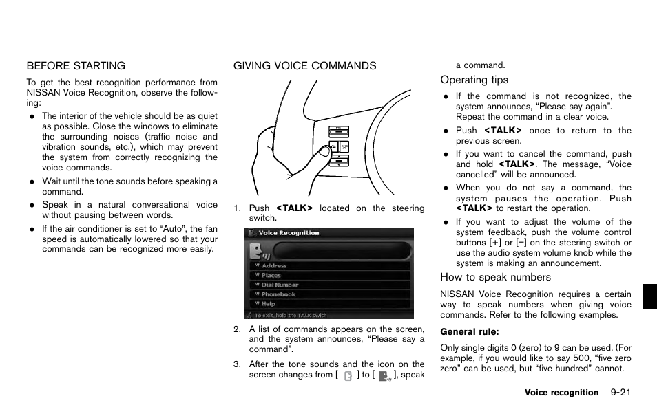 Before starting -21 giving voice commands -21 | NISSAN 2012 Pathfinder - Navigation System Owner's Manual User Manual | Page 185 / 235