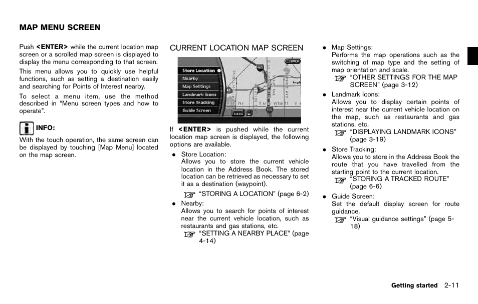 Map menu screen -11, Current location map screen -11 | NISSAN 2012 Pathfinder - Navigation System Owner's Manual User Manual | Page 19 / 235