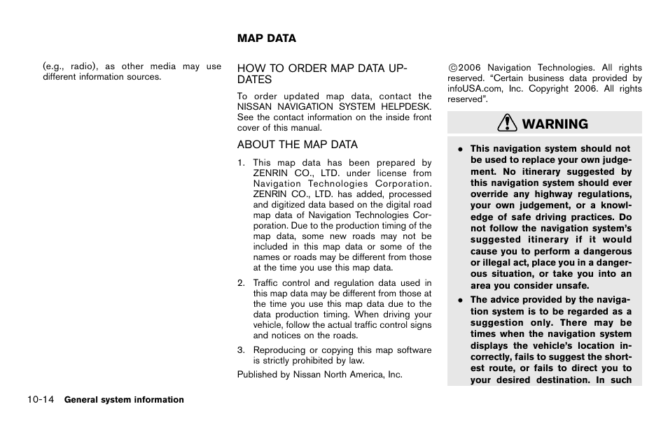 Map data -14, Warning | NISSAN 2012 Pathfinder - Navigation System Owner's Manual User Manual | Page 208 / 235
