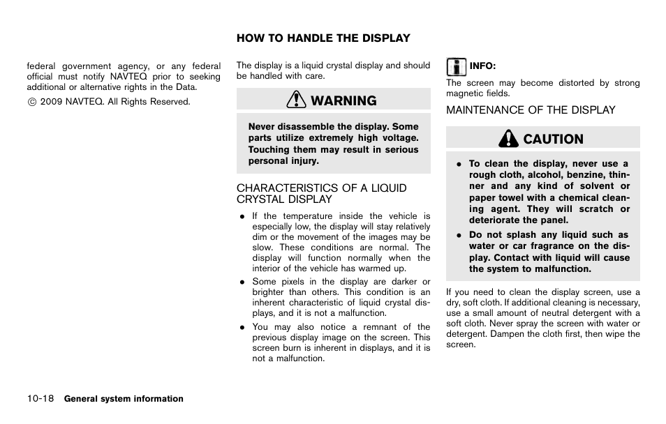 How to handle the display -18, Warning, Caution | NISSAN 2012 Pathfinder - Navigation System Owner's Manual User Manual | Page 212 / 235