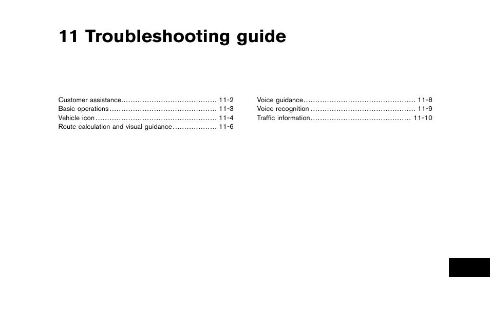 Troubleshooting guide, 11 troubleshooting guide | NISSAN 2012 Pathfinder - Navigation System Owner's Manual User Manual | Page 213 / 235