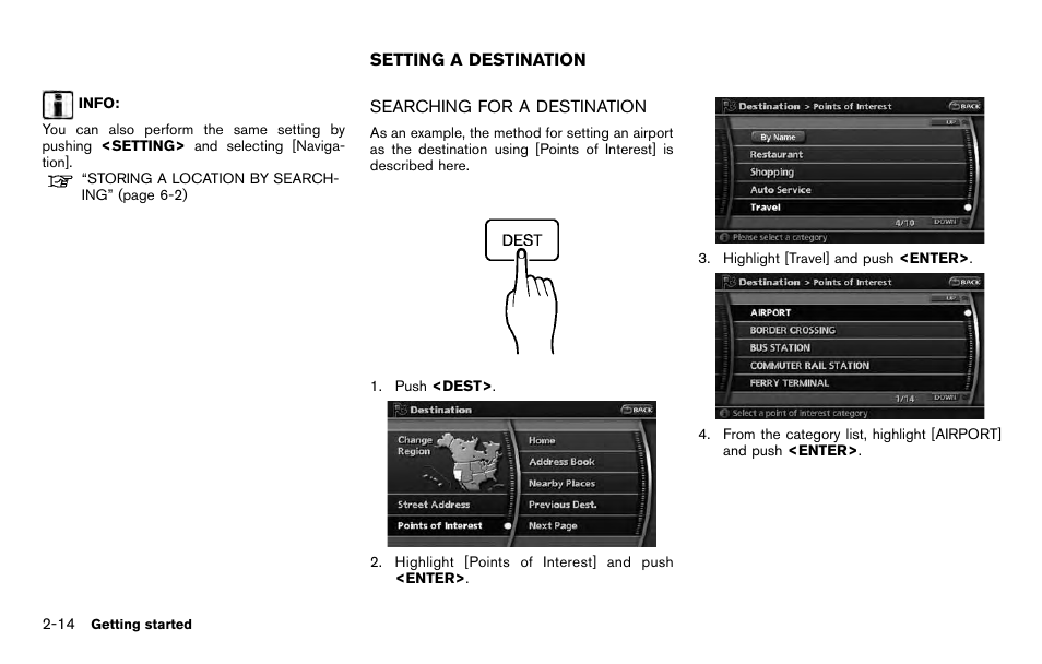 Setting a destination -14, Searching for a destination -14 | NISSAN 2012 Pathfinder - Navigation System Owner's Manual User Manual | Page 22 / 235