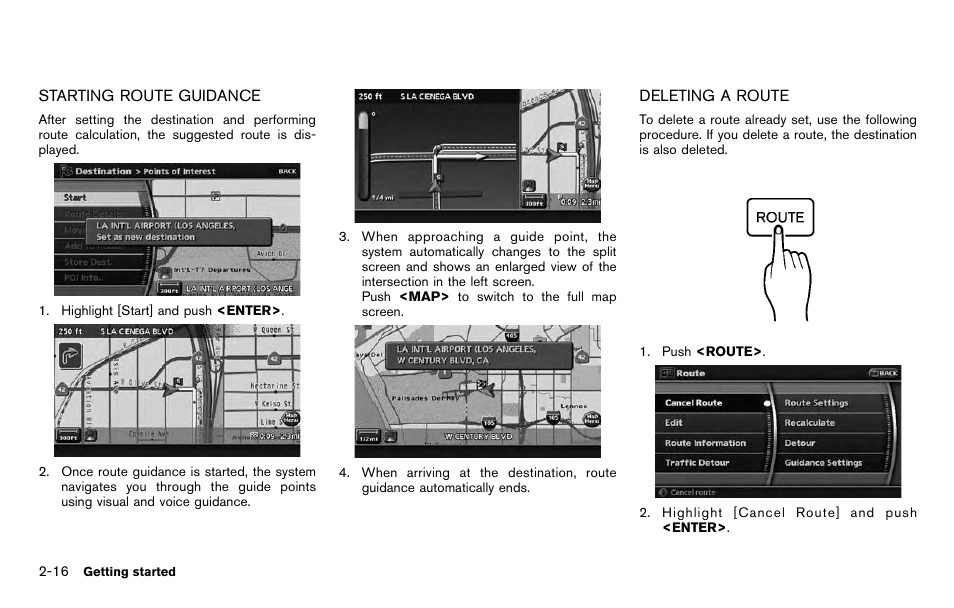 Starting route guidance -16 deleting a route -16 | NISSAN 2012 Pathfinder - Navigation System Owner's Manual User Manual | Page 24 / 235