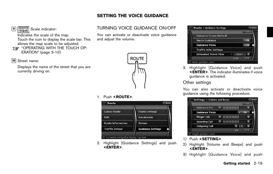 Setting the voice guidance -19, Turning voice guidance on/off -19 | NISSAN 2012 Pathfinder - Navigation System Owner's Manual User Manual | Page 27 / 235