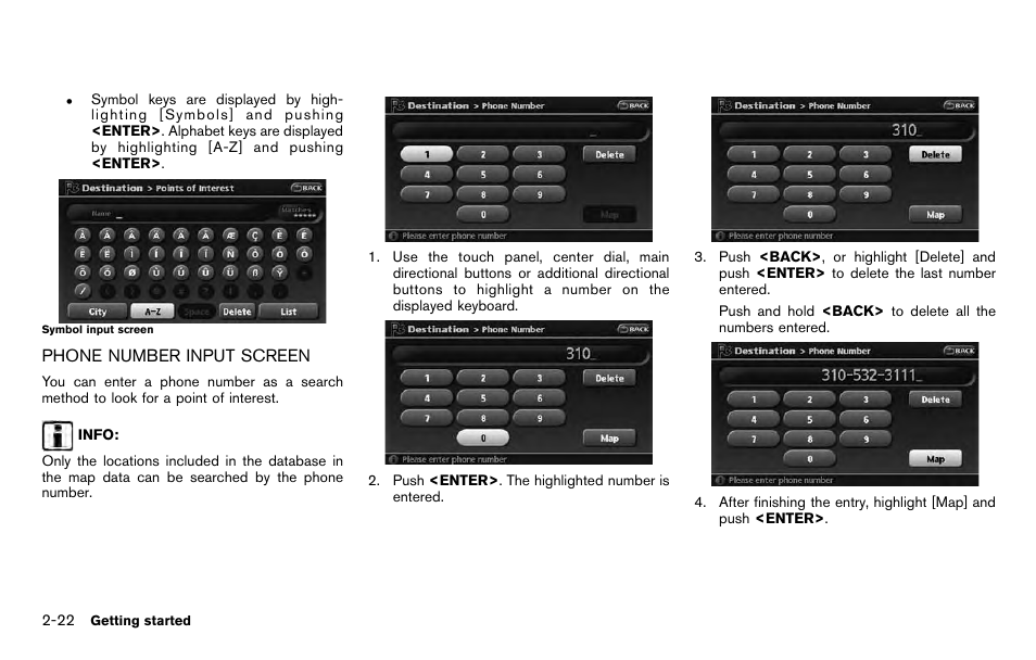 Phone number input screen -22 | NISSAN 2012 Pathfinder - Navigation System Owner's Manual User Manual | Page 30 / 235