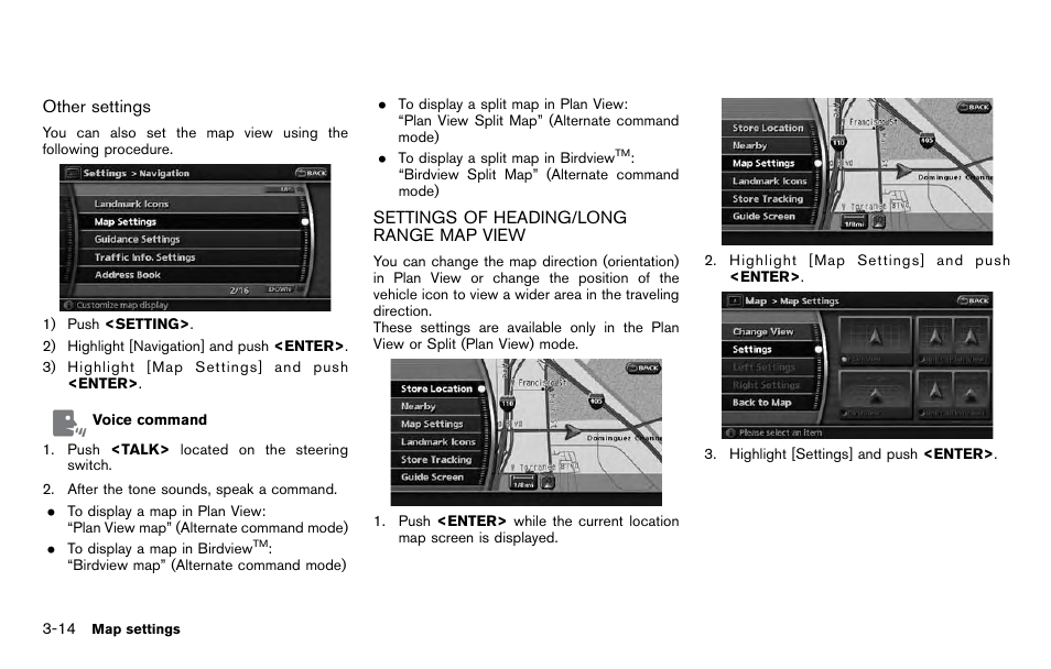 Settings of heading/long range map view -14 | NISSAN 2012 Pathfinder - Navigation System Owner's Manual User Manual | Page 54 / 235