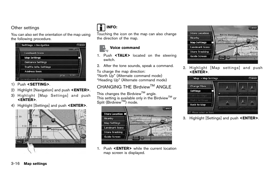Changing the birdview, Angle -16 | NISSAN 2012 Pathfinder - Navigation System Owner's Manual User Manual | Page 56 / 235