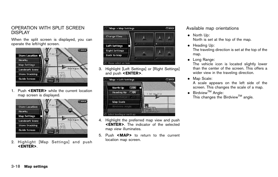Operation with split screen display -18 | NISSAN 2012 Pathfinder - Navigation System Owner's Manual User Manual | Page 58 / 235