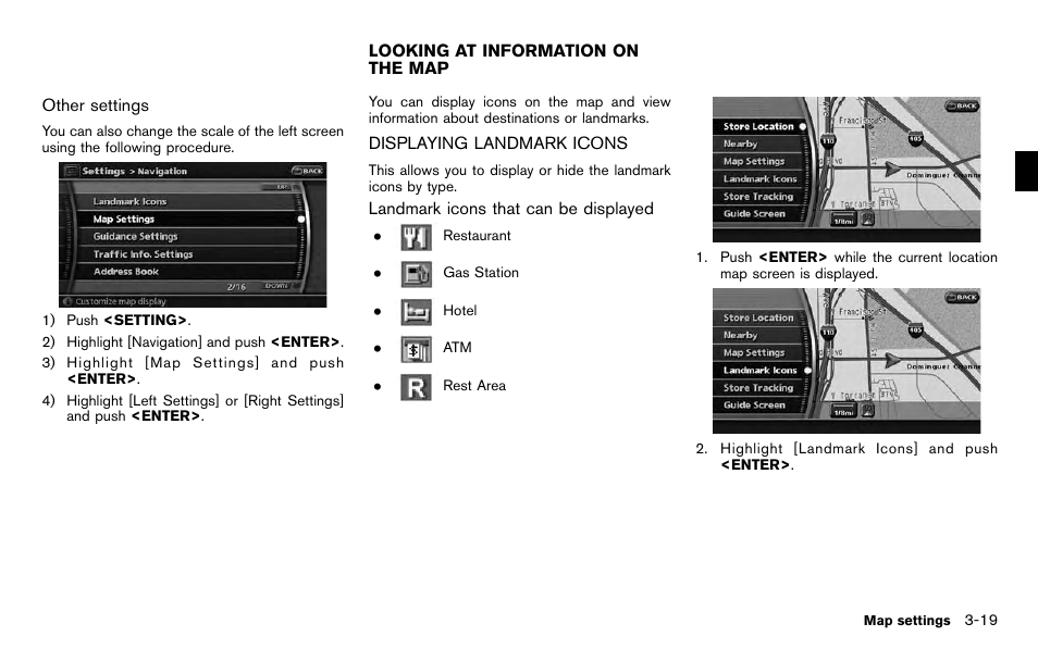 Looking at information on the map -19, Displaying landmark icons -19 | NISSAN 2012 Pathfinder - Navigation System Owner's Manual User Manual | Page 59 / 235