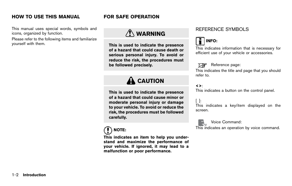 How to use this manual -2 for safe operation -2, Reference symbols -2, Warning | Caution | NISSAN 2012 Pathfinder - Navigation System Owner's Manual User Manual | Page 6 / 235