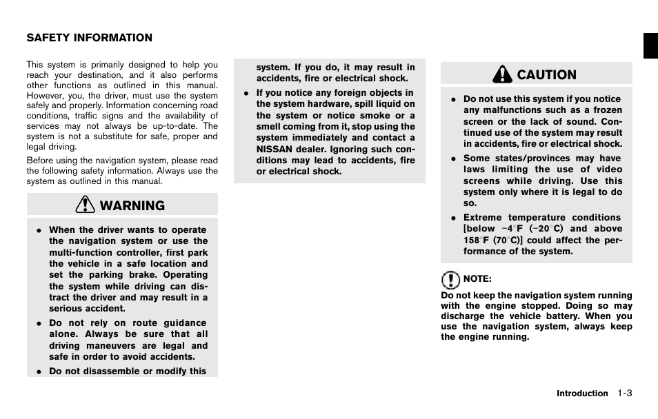 Safety information -3, Warning, Caution | NISSAN 2012 Pathfinder - Navigation System Owner's Manual User Manual | Page 7 / 235