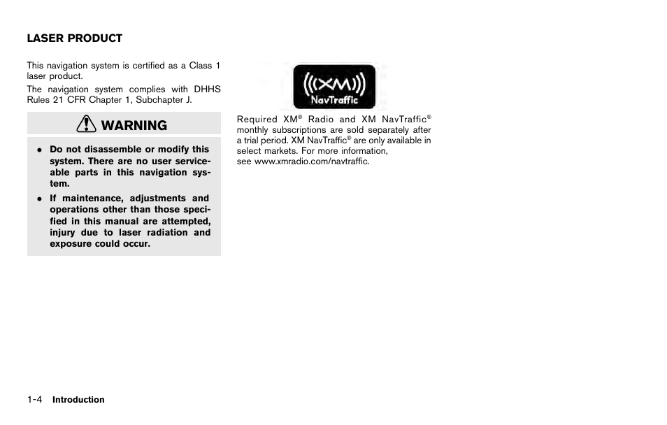 Laser product -4, Warning | NISSAN 2012 Pathfinder - Navigation System Owner's Manual User Manual | Page 8 / 235