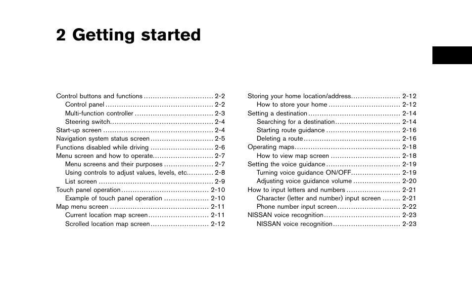 Getting started, 2 getting started | NISSAN 2012 Pathfinder - Navigation System Owner's Manual User Manual | Page 9 / 235