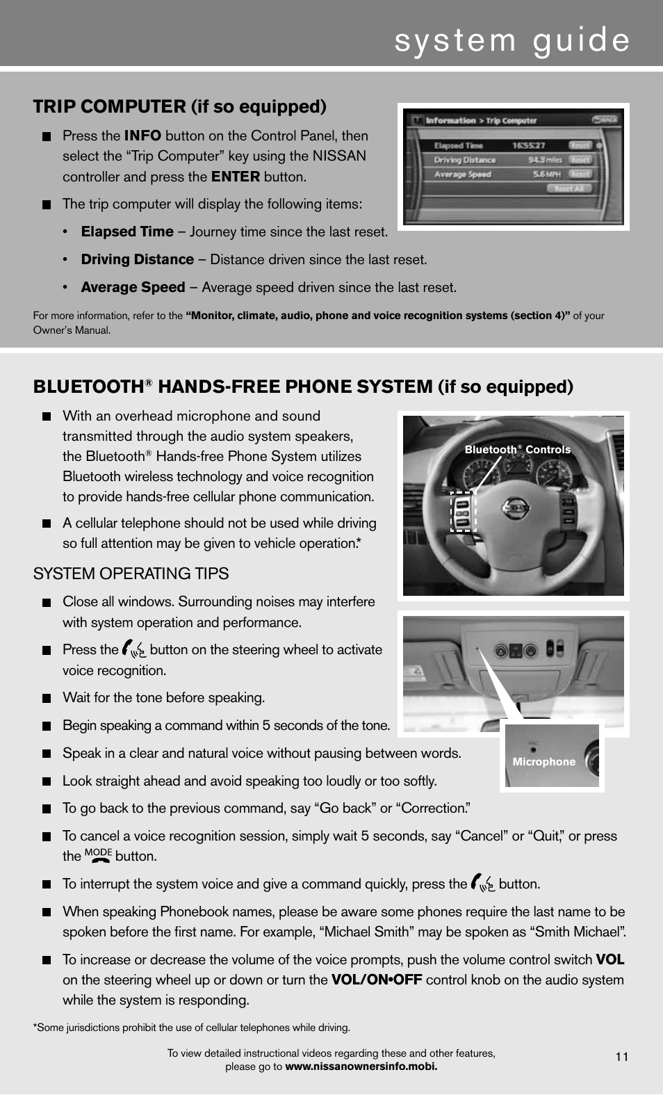 System guide, Trip computer (if so equipped), Bluetooth | Hands-free phone system (if so equipped) | NISSAN 2012 Armada - Quick Reference Guide User Manual | Page 13 / 20