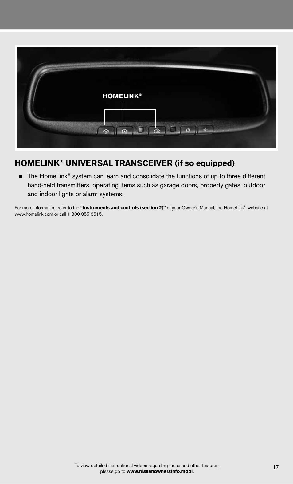 Homelink, Universal transceiver (if so equipped), The homelink | NISSAN 2012 Armada - Quick Reference Guide User Manual | Page 19 / 20