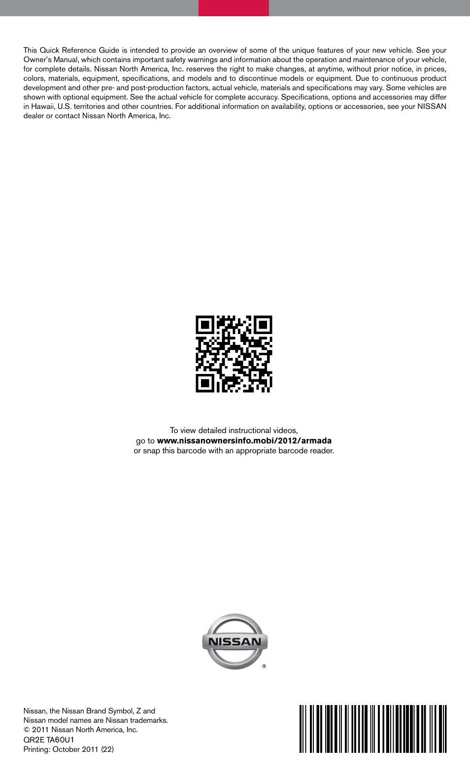 NISSAN 2012 Armada - Quick Reference Guide User Manual | Page 20 / 20