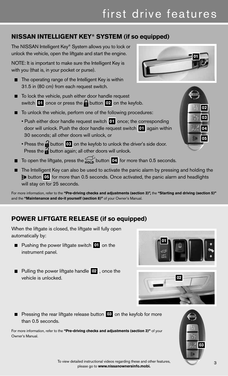 First drive features, Nissan intelligent key, System (if so equipped) | Power liftgate release (if so equipped) | NISSAN 2012 Armada - Quick Reference Guide User Manual | Page 5 / 20