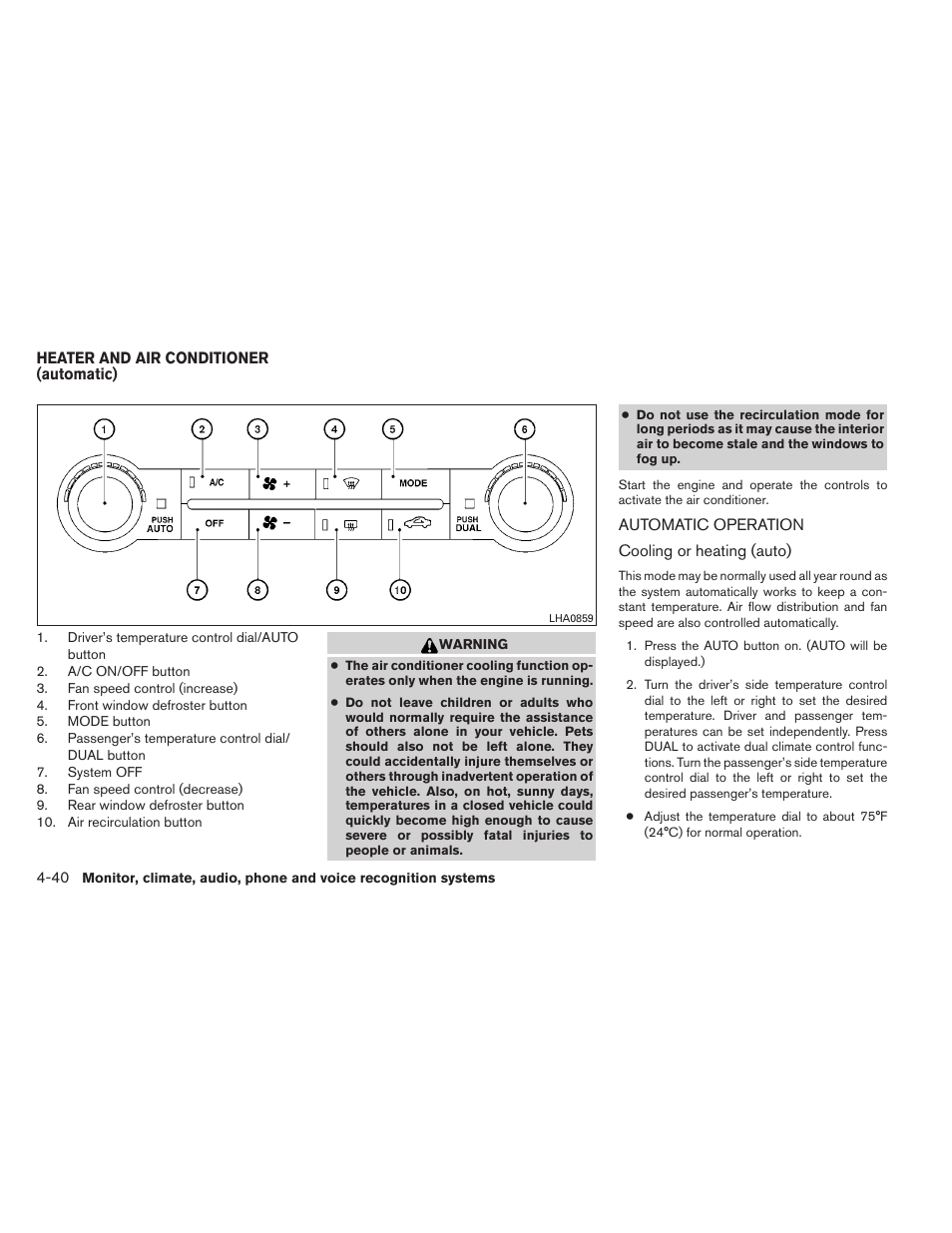 Heater and air conditioner (automatic) -40, Automatic operation -40 | NISSAN 2013 Armada - Owner's Manual User Manual | Page 233 / 489