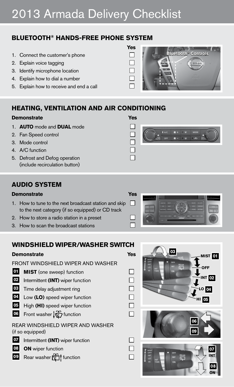2013 armada delivery checklist, Windshield wiper/washer switch, Audio system | Bluetooth, Hands-free phone system, Heating, ventilation and air conditioning | NISSAN 2013 Armada - Quick Reference Guide User Manual | Page 12 / 26